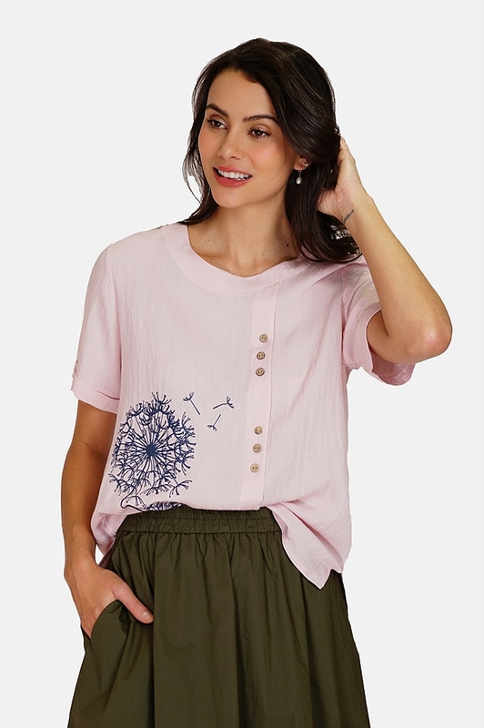 Różowa bluzka Le Jardin Du Lin z krótkim rękawem z lnu z okrągłym dekoltem