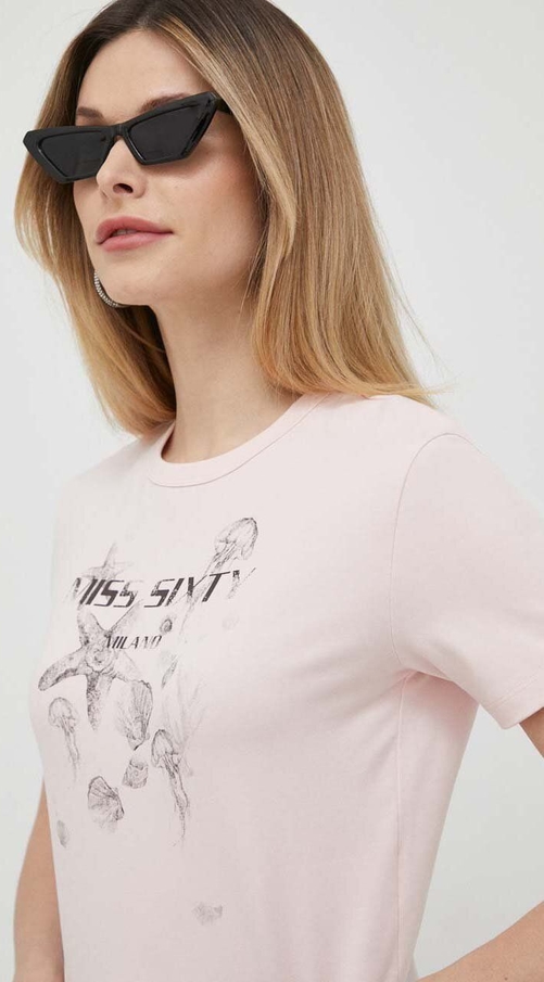 Różowa bluzka Miss Sixty z krótkim rękawem z okrągłym dekoltem w stylu casual