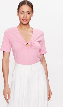 Różowa bluzka MODIVO w stylu casual z dekoltem w kształcie litery v