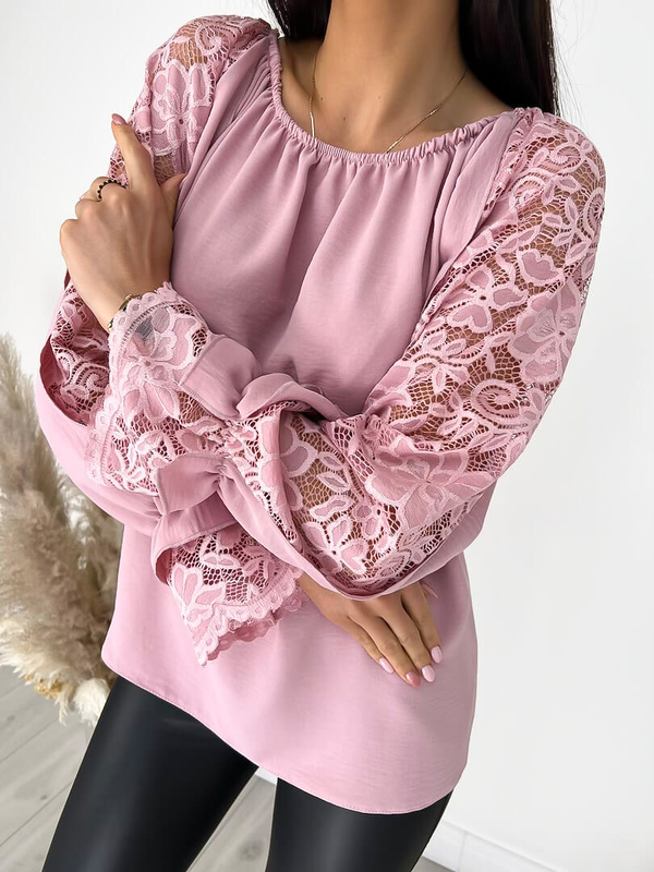 Różowa bluzka ModnaKiecka.pl z okrągłym dekoltem w stylu casual z długim rękawem
