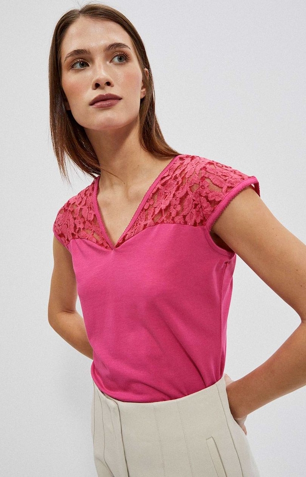 Różowa bluzka Moodo.pl w stylu casual z krótkim rękawem