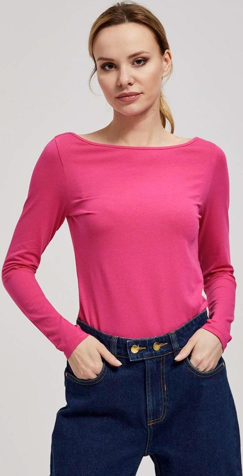 Różowa bluzka Moodo.pl w stylu klasycznym z okrągłym dekoltem z długim rękawem