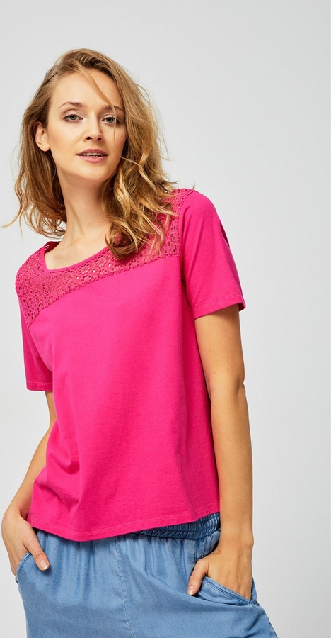Różowa bluzka Moodo.pl z okrągłym dekoltem z krótkim rękawem z bawełny