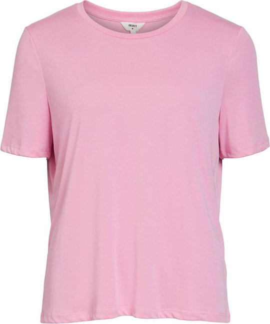 Różowa bluzka Object z okrągłym dekoltem w stylu casual z krótkim rękawem