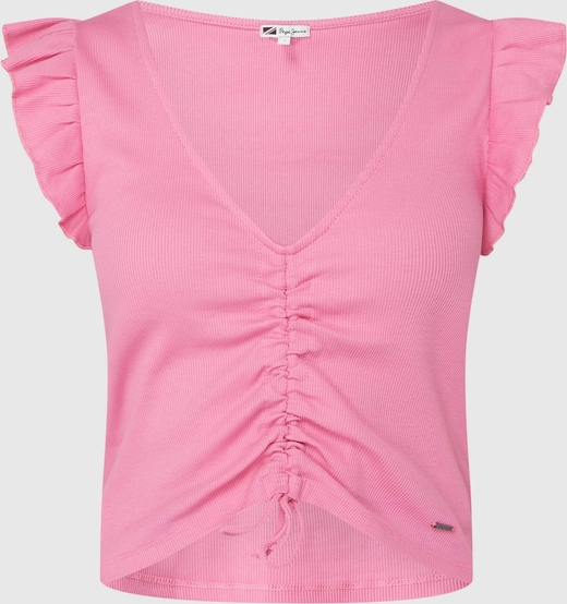 Różowa bluzka Pepe Jeans w stylu casual z dekoltem w kształcie litery v