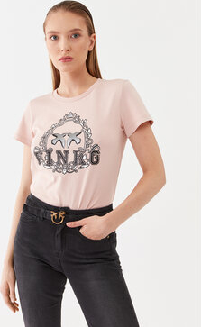 Różowa bluzka Pinko z krótkim rękawem w młodzieżowym stylu z nadrukiem