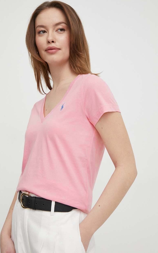 Różowa bluzka POLO RALPH LAUREN z bawełny w stylu casual z krótkim rękawem