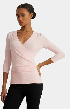 Różowa bluzka Ralph Lauren z długim rękawem w stylu casual z dekoltem w kształcie litery v