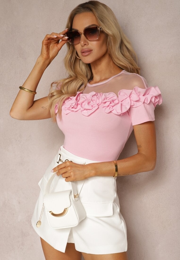 Różowa bluzka Renee w stylu casual z okrągłym dekoltem z bawełny