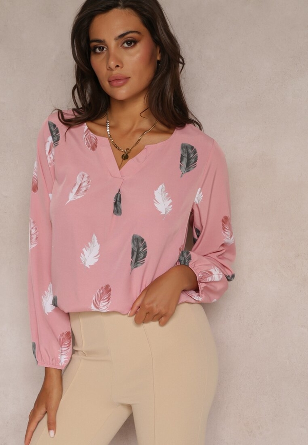 Różowa bluzka Renee z dekoltem w kształcie litery v z tkaniny w stylu casual