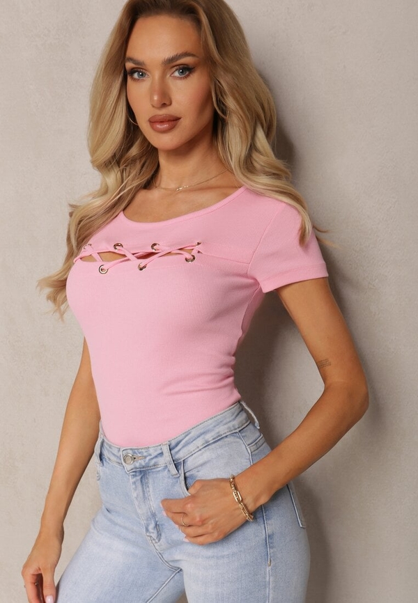 Różowa bluzka Renee z okrągłym dekoltem w stylu casual z krótkim rękawem