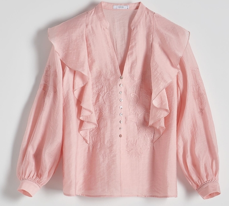 Różowa bluzka Reserved z tkaniny z dekoltem w kształcie litery v z długim rękawem