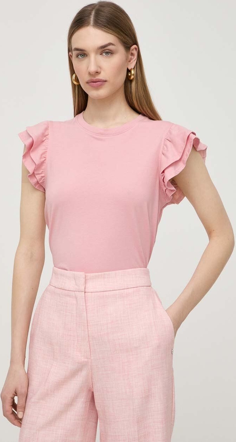 Różowa bluzka Silvian Heach z krótkim rękawem z bawełny