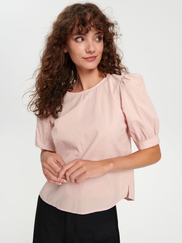 Różowa bluzka Sinsay z okrągłym dekoltem w stylu casual