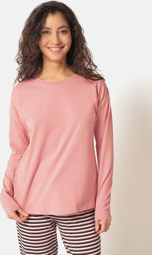 Różowa bluzka Skiny z długim rękawem w stylu casual z okrągłym dekoltem