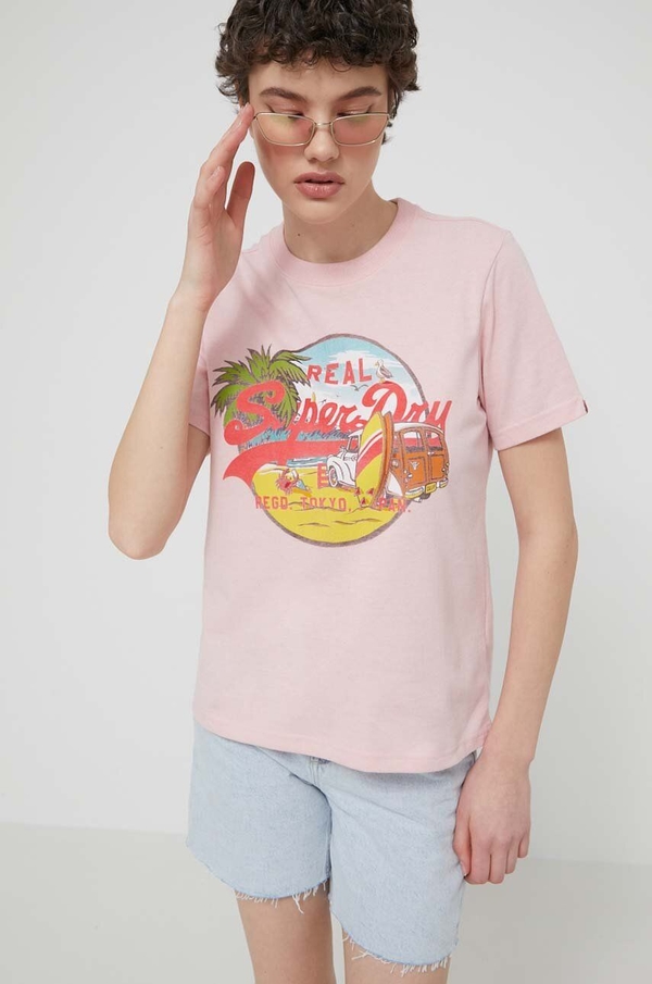 Różowa bluzka Superdry w młodzieżowym stylu z okrągłym dekoltem z nadrukiem