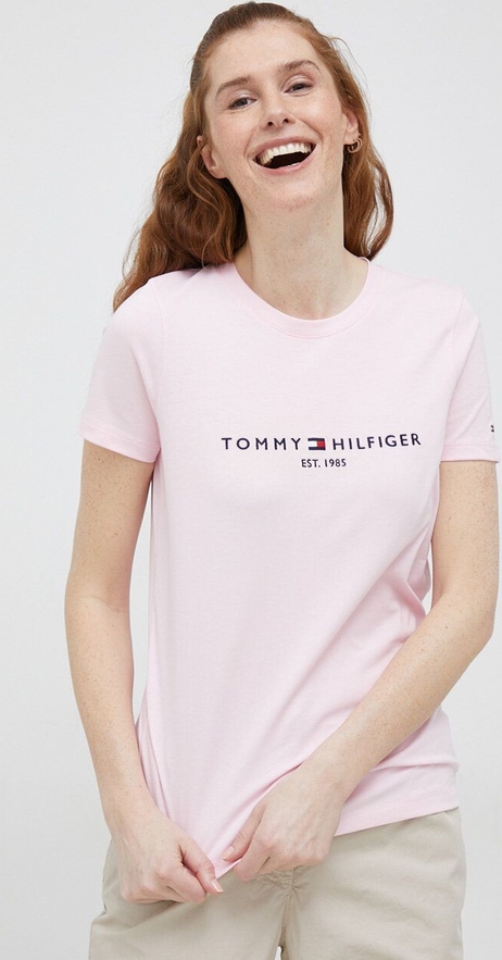Różowa bluzka Tommy Hilfiger w młodzieżowym stylu z dzianiny