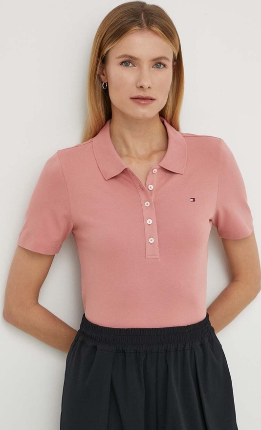 Różowa bluzka Tommy Hilfiger z krótkim rękawem w stylu casual