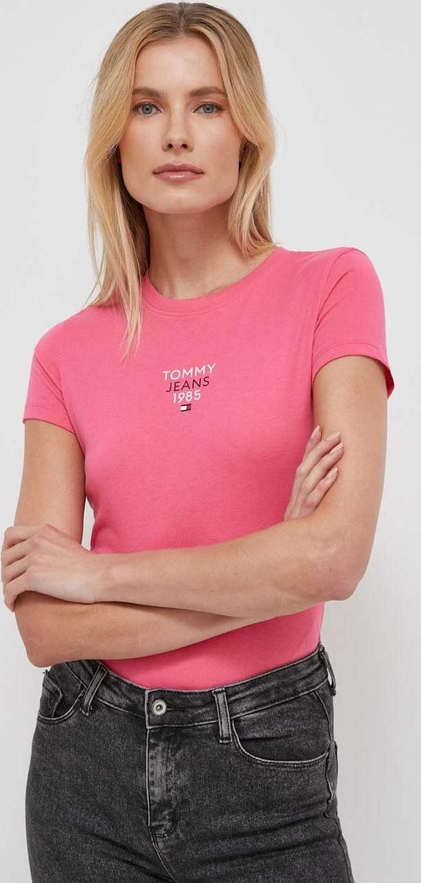 Różowa bluzka Tommy Jeans z okrągłym dekoltem w stylu casual