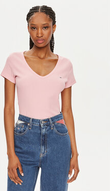 Różowa bluzka Tommy Jeans z okrągłym dekoltem z krótkim rękawem