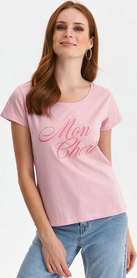Różowa bluzka Top Secret z krótkim rękawem z okrągłym dekoltem w młodzieżowym stylu