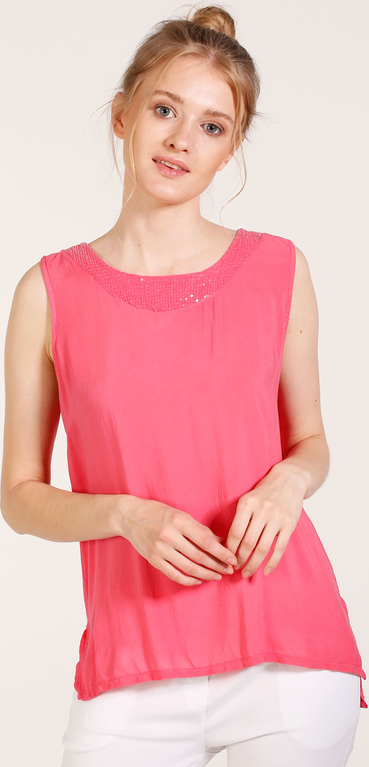 Różowa bluzka Unisono bez rękawów z okrągłym dekoltem