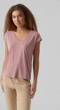 Różowa bluzka Vero Moda z krótkim rękawem z dekoltem w kształcie litery v