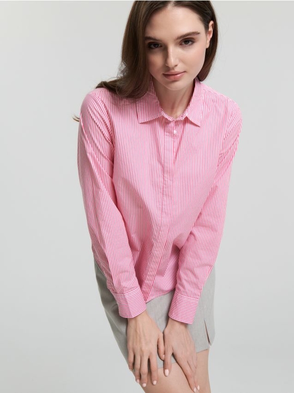 Różowa koszula Sinsay z bawełny z długim rękawem