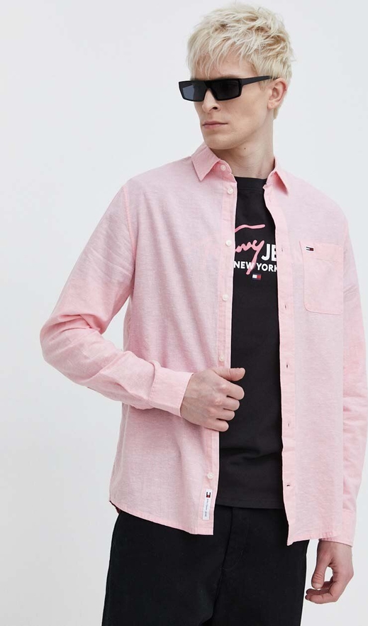 Różowa koszula Tommy Jeans z bawełny z długim rękawem