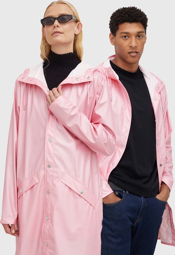 Różowa kurtka Rains z kapturem długa w stylu casual