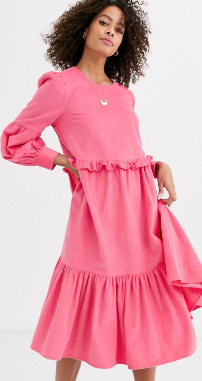 Różowa sukienka Asos Design ze sztruksu z długim rękawem