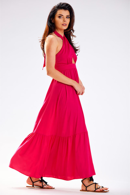 Różowa sukienka Awama bez rękawów maxi z dekoltem w kształcie litery v