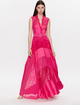 Różowa sukienka Babylon rozkloszowana z dekoltem w kształcie litery v bez rękawów