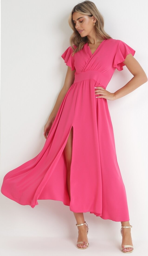 Różowa sukienka born2be kopertowa midi z dekoltem w kształcie litery v