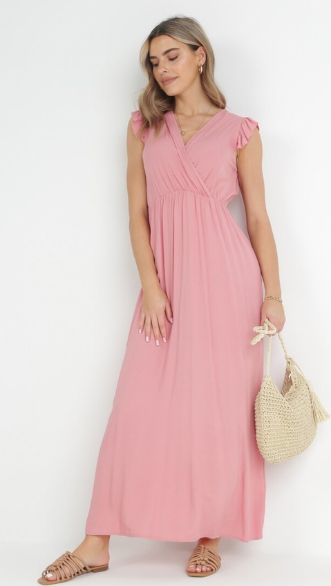 Różowa sukienka born2be maxi z dekoltem w kształcie litery v bez rękawów