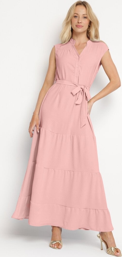 Różowa sukienka born2be maxi z dekoltem w kształcie litery v w stylu klasycznym