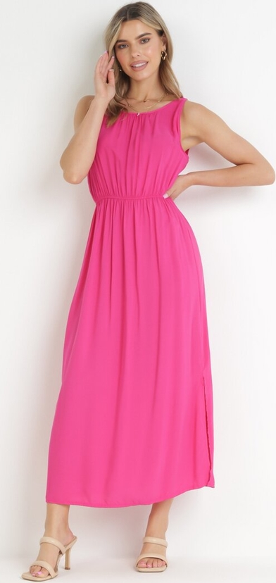 Różowa sukienka born2be maxi z okrągłym dekoltem
