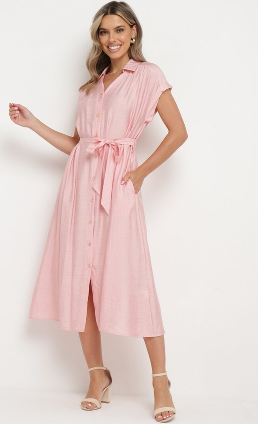 Różowa sukienka born2be midi koszulowa z dekoltem w kształcie litery v