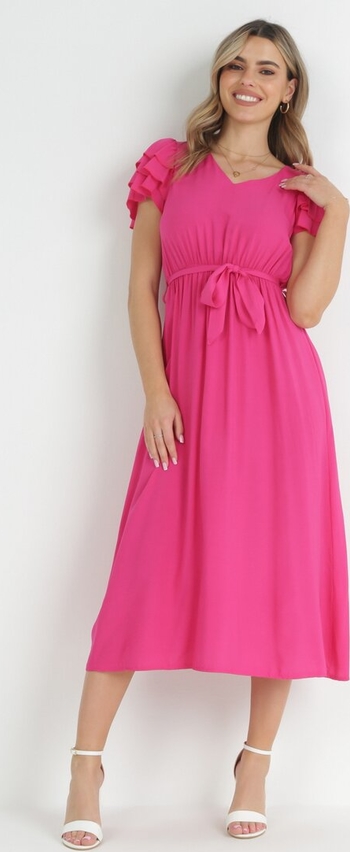 Różowa sukienka born2be midi z dekoltem w kształcie litery v z krótkim rękawem