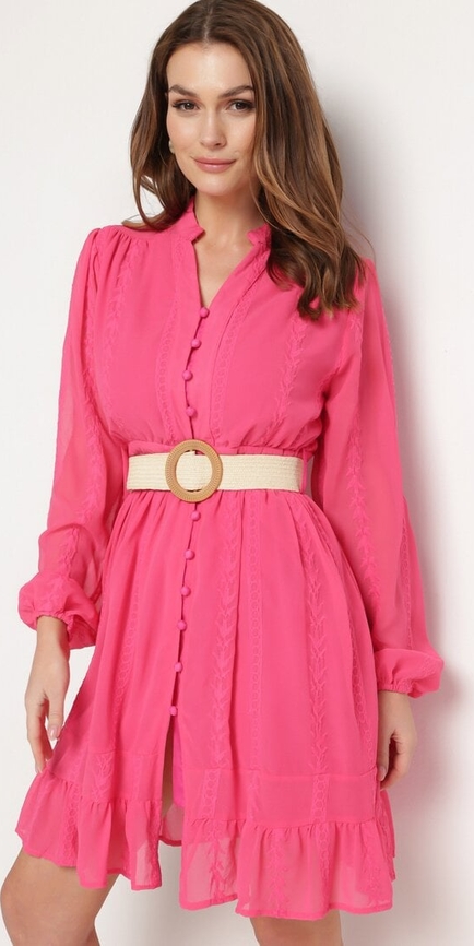 Różowa sukienka born2be mini w stylu boho z kołnierzykiem