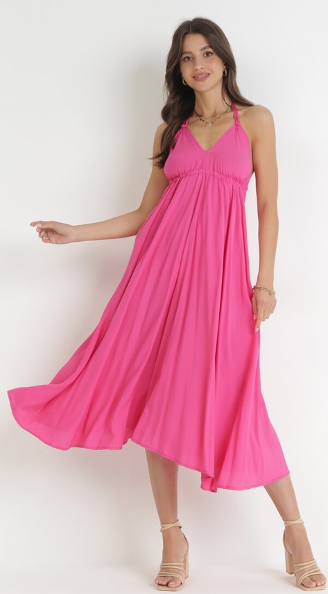 Różowa sukienka born2be na ramiączkach z dekoltem w kształcie litery v