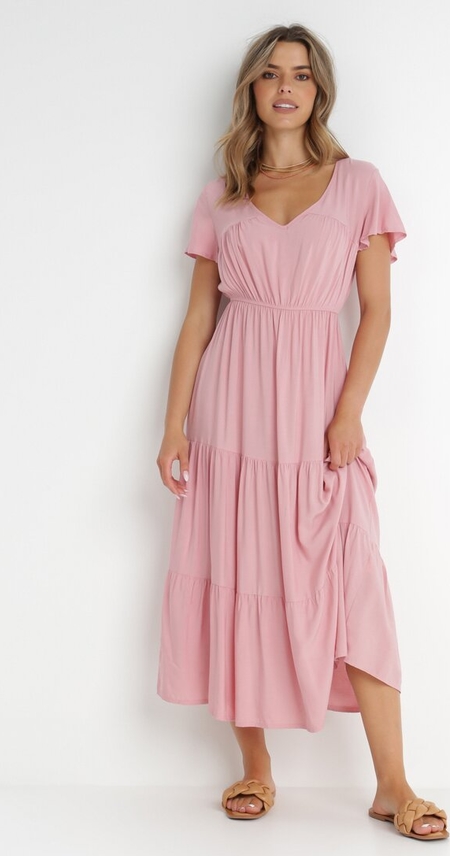 Różowa sukienka born2be oversize z krótkim rękawem z dekoltem w kształcie litery v