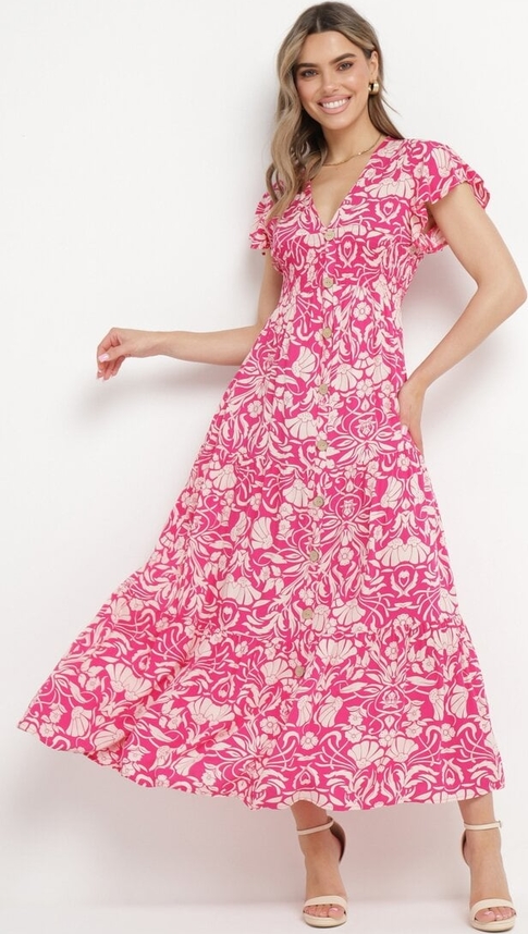Różowa sukienka born2be rozkloszowana w stylu boho z dekoltem w kształcie litery v