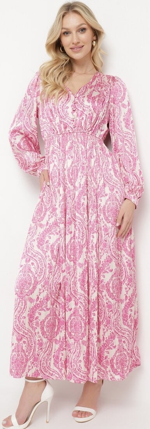 Różowa sukienka born2be w stylu casual maxi z dekoltem w kształcie litery v