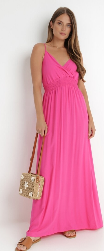 Różowa sukienka born2be z bawełny maxi na ramiączkach
