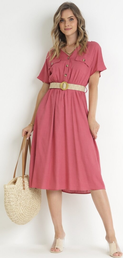 Różowa sukienka born2be z bawełny z dekoltem w kształcie litery v midi