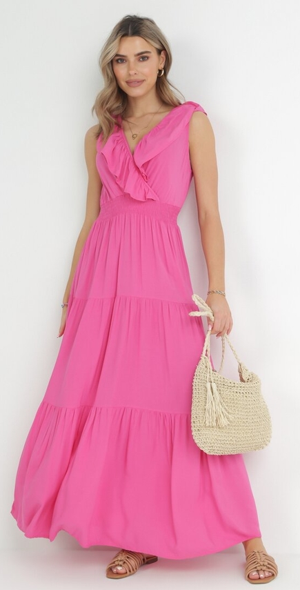 Różowa sukienka born2be z dekoltem w kształcie litery v bez rękawów