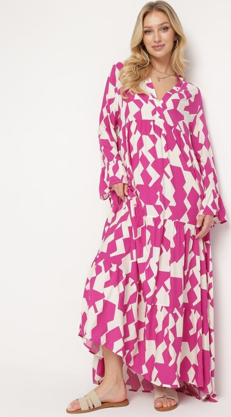 Różowa sukienka born2be z długim rękawem maxi z dekoltem w kształcie litery v