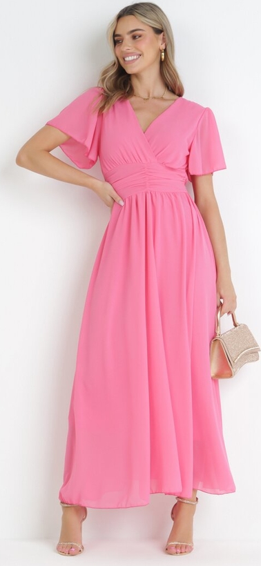 Różowa sukienka born2be z krótkim rękawem kopertowa
