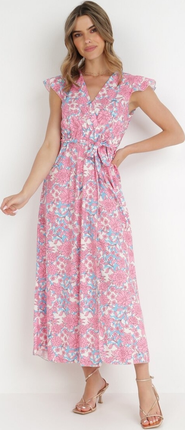 Różowa sukienka born2be z tkaniny z dekoltem w kształcie litery v maxi